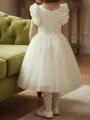 Sweet A-Line V-Neck Applique Tea-Length Tulle Flower Girl Dress