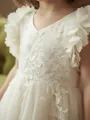 Sweet A-Line V-Neck Applique Tea-Length Tulle Flower Girl Dress