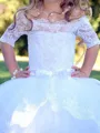 Joyful Ball-Gown Off-the-Shoulder 1/2 Sleeves Applique Sweep Train Tulle Flower Girl Dress