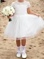 Sparkling A-Line Scoop Short Sleeves Applique Knee-Length Tulle Flower Girl Dress