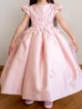 Dainty Ball-Gown Scoop Short Sleeves Flower Ankle-Length Satin Flower Girl Dress