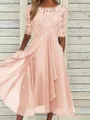 Sophisticated A-line Scoop 1/2 Sleeves Appliques Lace Tea-Length Chiffon Mother of the Bride Dress