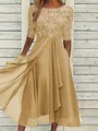 Sophisticated A-line Scoop 1/2 Sleeves Appliques Lace Tea-Length Chiffon Mother of the Bride Dress
