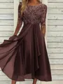 Sophisticated A-line Scoop 1/2 Sleeves Appliques Lace Tea-Length Chiffon Mother of the Bride Dress