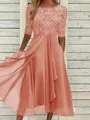 Sophisticated A-line Scoop 1/2 Sleeves Appliques Lace Tea-Length Chiffon Mother of the Bride Dress