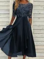 Sophisticated A-line Scoop 1/2 Sleeves Appliques Lace Tea-Length Chiffon Mother of the Bride Dress