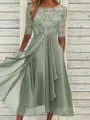 Sophisticated A-line Scoop 1/2 Sleeves Appliques Lace Tea-Length Chiffon Mother of the Bride Dress