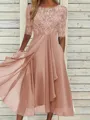 Sophisticated A-line Scoop 1/2 Sleeves Appliques Lace Tea-Length Chiffon Mother of the Bride Dress