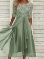 Sophisticated A-line Scoop 1/2 Sleeves Appliques Lace Tea-Length Chiffon Mother of the Bride Dress