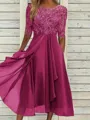 Sophisticated A-line Scoop 1/2 Sleeves Appliques Lace Tea-Length Chiffon Mother of the Bride Dress