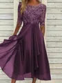 Sophisticated A-line Scoop 1/2 Sleeves Appliques Lace Tea-Length Chiffon Mother of the Bride Dress
