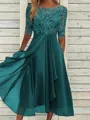 Sophisticated A-line Scoop 1/2 Sleeves Appliques Lace Tea-Length Chiffon Mother of the Bride Dress