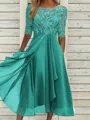 Sophisticated A-line Scoop 1/2 Sleeves Appliques Lace Tea-Length Chiffon Mother of the Bride Dress