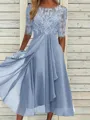 Sophisticated A-line Scoop 1/2 Sleeves Appliques Lace Tea-Length Chiffon Mother of the Bride Dress