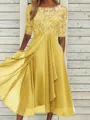 Sophisticated A-line Scoop 1/2 Sleeves Appliques Lace Tea-Length Chiffon Mother of the Bride Dress