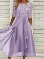 Sophisticated A-line Scoop 1/2 Sleeves Appliques Lace Tea-Length Chiffon Mother of the Bride Dress