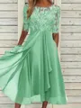 Sophisticated A-line Scoop 1/2 Sleeves Appliques Lace Tea-Length Chiffon Mother of the Bride Dress