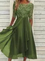 Sophisticated A-line Scoop 1/2 Sleeves Appliques Lace Tea-Length Chiffon Mother of the Bride Dress