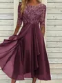 Sophisticated A-line Scoop 1/2 Sleeves Appliques Lace Tea-Length Chiffon Mother of the Bride Dress