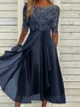 Sophisticated A-line Scoop 1/2 Sleeves Appliques Lace Tea-Length Chiffon Mother of the Bride Dress