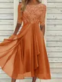Sophisticated A-line Scoop 1/2 Sleeves Appliques Lace Tea-Length Chiffon Mother of the Bride Dress