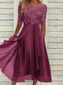 Sophisticated A-line Scoop 1/2 Sleeves Appliques Lace Tea-Length Chiffon Mother of the Bride Dress