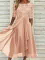 Sophisticated A-line Scoop 1/2 Sleeves Appliques Lace Tea-Length Chiffon Mother of the Bride Dress