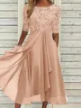 Sophisticated A-line Scoop 1/2 Sleeves Appliques Lace Tea-Length Chiffon Mother of the Bride Dress