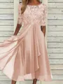Sophisticated A-line Scoop 1/2 Sleeves Appliques Lace Tea-Length Chiffon Mother of the Bride Dress