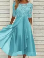 Sophisticated A-line Scoop 1/2 Sleeves Appliques Lace Tea-Length Chiffon Mother of the Bride Dress