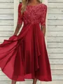 Sophisticated A-line Scoop 1/2 Sleeves Appliques Lace Tea-Length Chiffon Mother of the Bride Dress