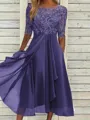 Sophisticated A-line Scoop 1/2 Sleeves Appliques Lace Tea-Length Chiffon Mother of the Bride Dress