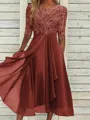 Sophisticated A-line Scoop 1/2 Sleeves Appliques Lace Tea-Length Chiffon Mother of the Bride Dress