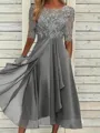 Sophisticated A-line Scoop 1/2 Sleeves Appliques Lace Tea-Length Chiffon Mother of the Bride Dress