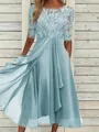 Sophisticated A-line Scoop 1/2 Sleeves Appliques Lace Tea-Length Chiffon Mother of the Bride Dress