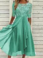 Sophisticated A-line Scoop 1/2 Sleeves Appliques Lace Tea-Length Chiffon Mother of the Bride Dress