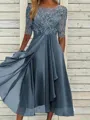 Sophisticated A-line Scoop 1/2 Sleeves Appliques Lace Tea-Length Chiffon Mother of the Bride Dress