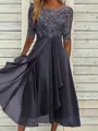 Sophisticated A-line Scoop 1/2 Sleeves Appliques Lace Tea-Length Chiffon Mother of the Bride Dress