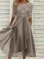 Sophisticated A-line Scoop 1/2 Sleeves Appliques Lace Tea-Length Chiffon Mother of the Bride Dress