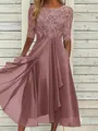 Sophisticated A-line Scoop 1/2 Sleeves Appliques Lace Tea-Length Chiffon Mother of the Bride Dress