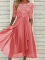 Sophisticated A-line Scoop 1/2 Sleeves Appliques Lace Tea-Length Chiffon Mother of the Bride Dress