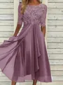 Sophisticated A-line Scoop 1/2 Sleeves Appliques Lace Tea-Length Chiffon Mother of the Bride Dress