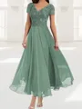Delicate A-line V-Neck Short Sleeves Appliques Lace Ankle-Length Chiffon Corset Mother of the Bride Dress
