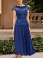 Elegant A-Line Scoop Short Sleeves Appliques Lace Tea-Length Chiffon Corset Mother of the Bride Dress