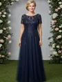 Classy A-Line Scoop Short Sleeves Appliques Lace Floor-Length Tulle Corset Mother of the Bride Dress