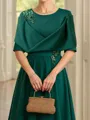 Glamorous A-Line Scoop 1/2 Sleeves Ruffles Tea-Length Mother of the Bride Dress