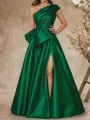 Radiant A-Line One-Shoulder Bow Floor-Length Satin Corset Mother of the Bride Dress