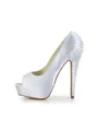Women's Satin Stiletto Heel Peep Toe Platform White Wedding Shoes With Rhinestone