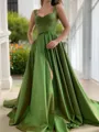 A-line Straps Sleeveless Pretty Court Train Satin Dress With Slit