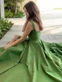 A-line Straps Sleeveless Pretty Court Train Satin Dress With Slit